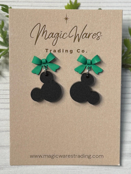 Kelly Green Bow with Black Mouse Head Dangle Earrings, Laser Cut Acrylic and Stainless Steel Stud Earrings, Minnie inspired earrings