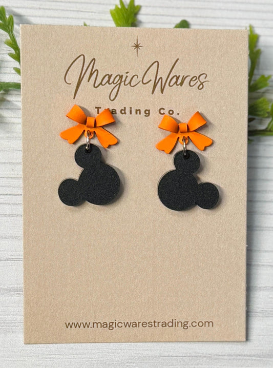 Orange Bow with Black Mouse Head Dangle Earrings, Laser Cut Acrylic and Stainless Steel Stud Earrings, Minnie inspired earrings