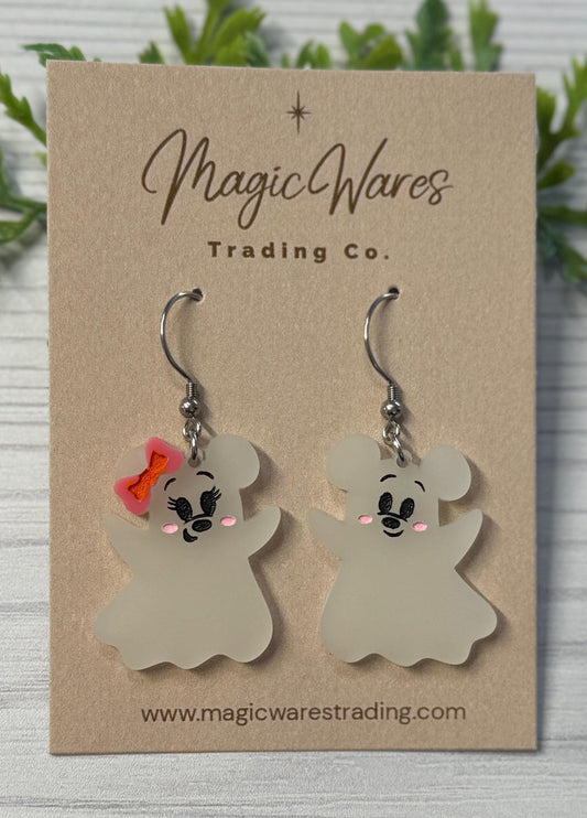 Cute Ghost Mouse Dangle Earrings, Choose Glow in the Dark or White Acrylic Earrings, Minnie Ghost Earrings, Halloween party earrings