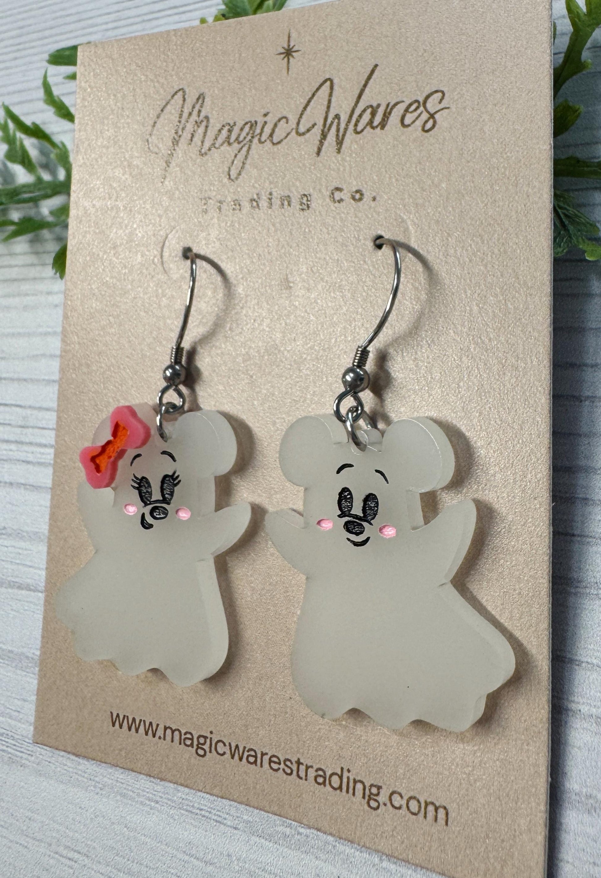 Cute Ghost Mouse Dangle Earrings, Choose Glow in the Dark or White Acrylic Earrings, Minnie Ghost Earrings, Halloween party earrings