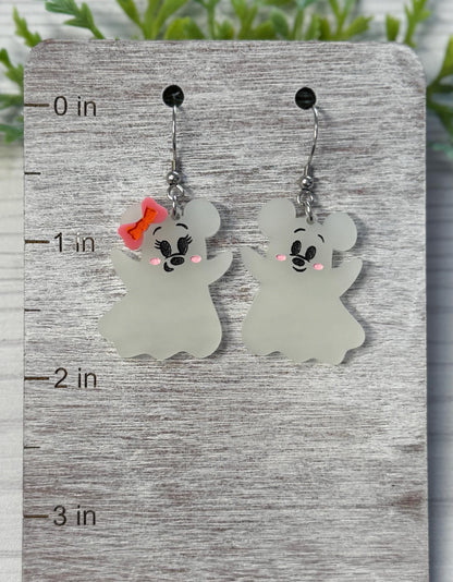 Cute Ghost Mouse Dangle Earrings, Choose Glow in the Dark or White Acrylic Earrings, Minnie Ghost Earrings, Halloween party earrings