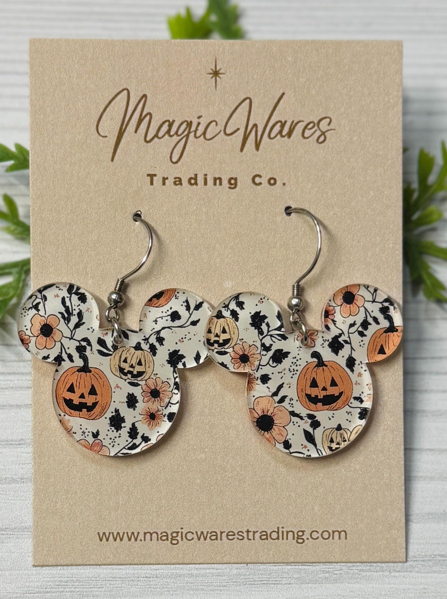 Happy Pumpkin Floral Mouse Earrings: Laser Cut Halloween Dangle Earrings
