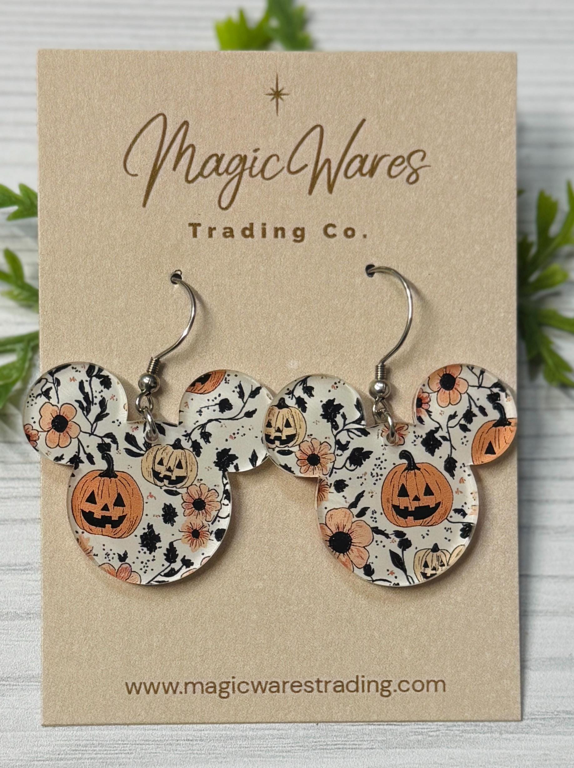 Happy Pumpkin Floral Mouse Earrings: Laser Cut Halloween Dangle Earrings