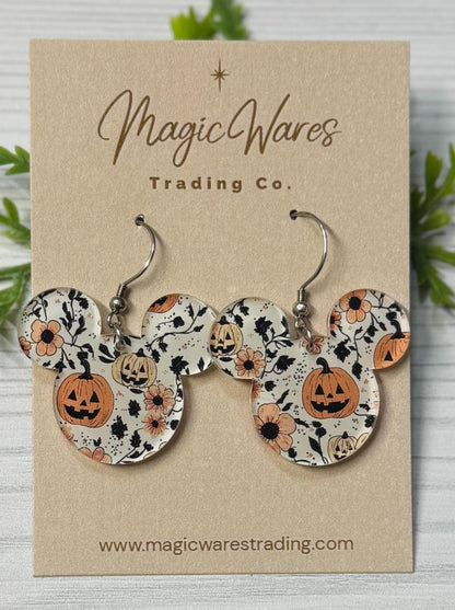 Happy Pumpkin Floral Mouse Earrings: Laser Cut Halloween Dangle Earrings