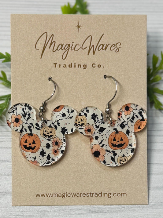 Happy Pumpkin Floral Mouse Earrings: Laser Cut Halloween Dangle Earrings