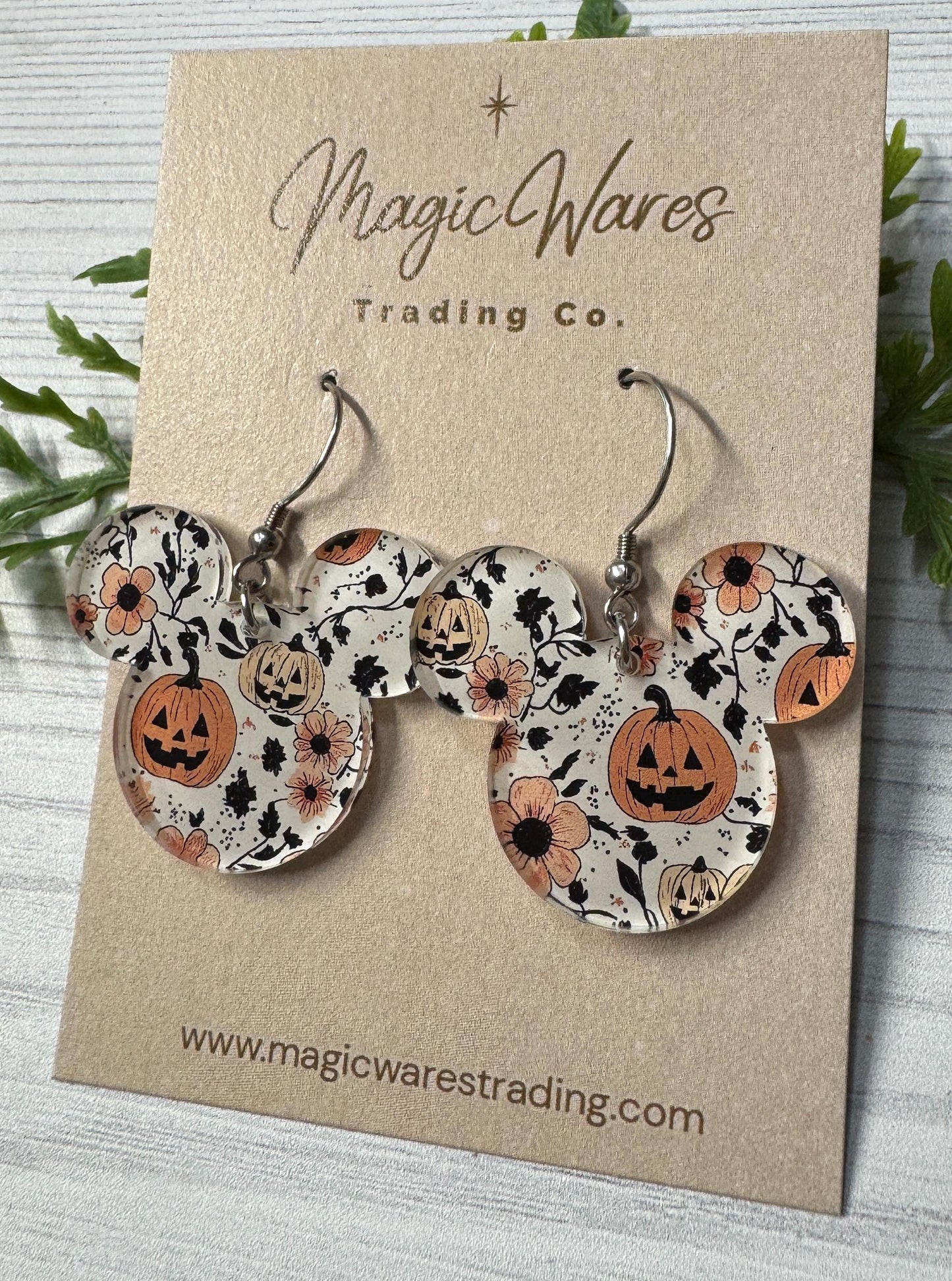 Happy Pumpkin Floral Mouse Earrings: Laser Cut Halloween Dangle Earrings