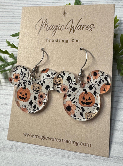 Happy Pumpkin Floral Mouse Earrings: Laser Cut Halloween Dangle Earrings