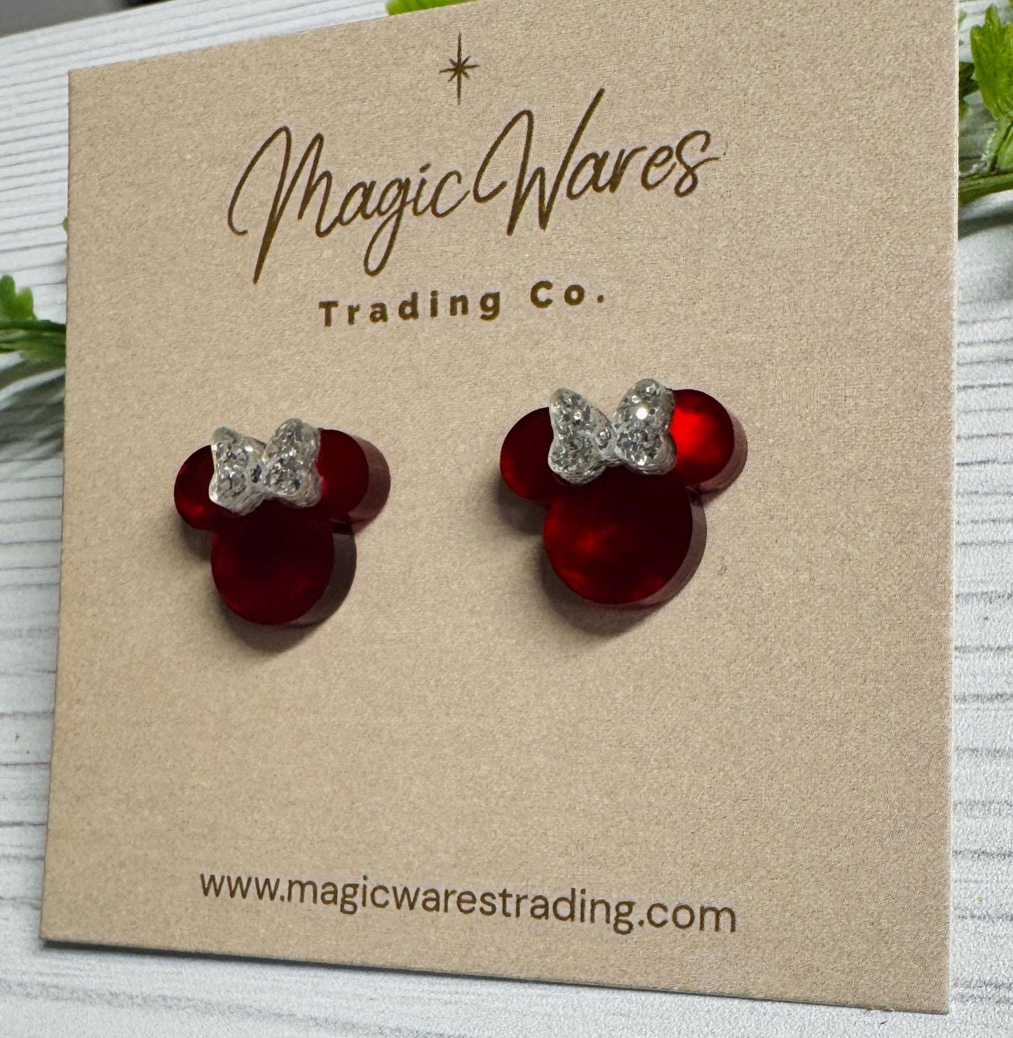 Red Marble Swirl Stud Earrings with Silver Glitter Bow, Clip ons available