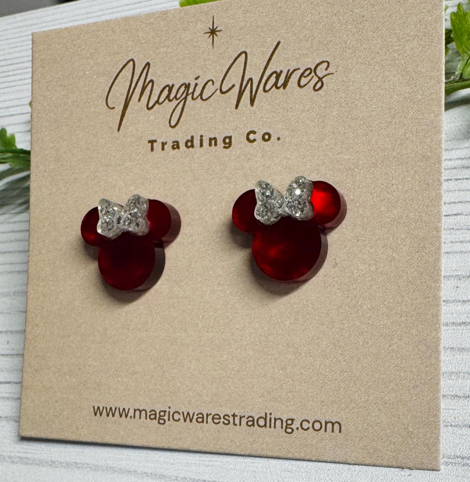 Red Marble Swirl Stud Earrings with Silver Glitter Bow, Clip ons available