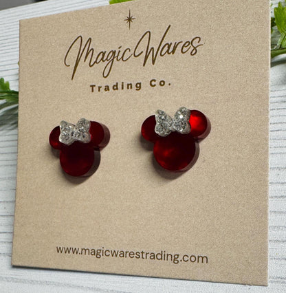 Red Marble Swirl Stud Earrings with Silver Glitter Bow, Clip ons available