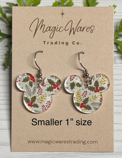 Evergreen and Holly Berries Mouse Laser Cut Earrings