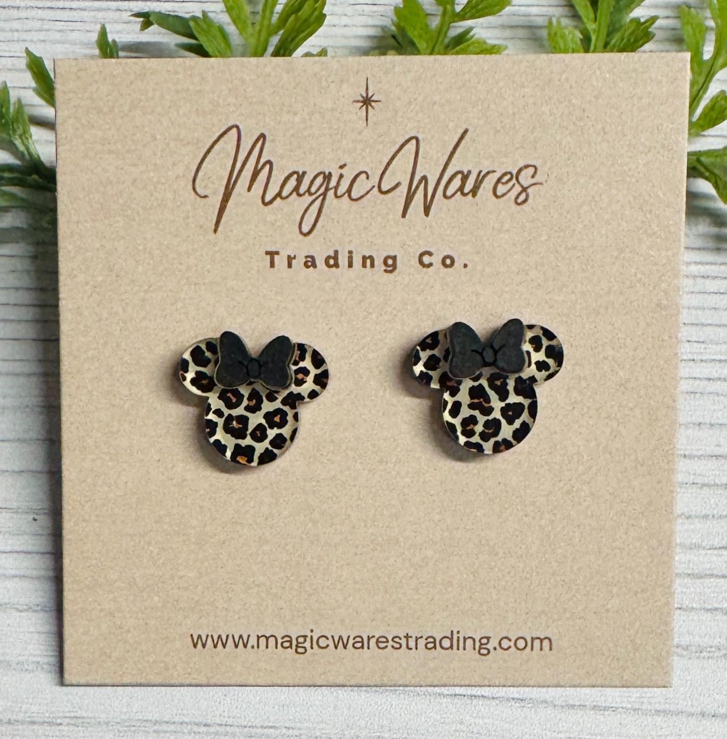 Leopard Mouse Stud Earrings with Black Bow, Clip ons available