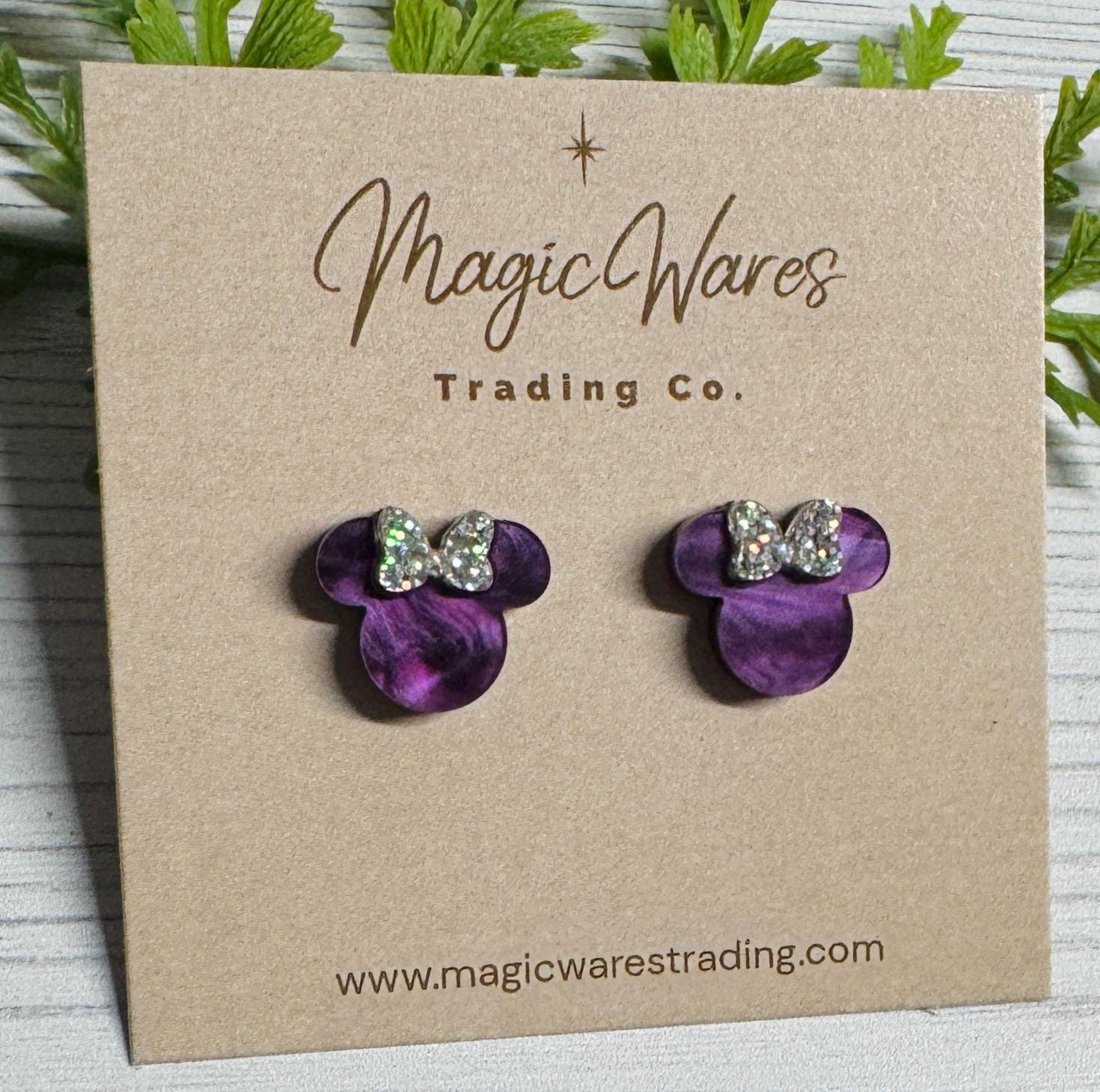 Purple Marble Swirl Mouse Stud Earrings with Iridescent Silver Bow, Clip ons available