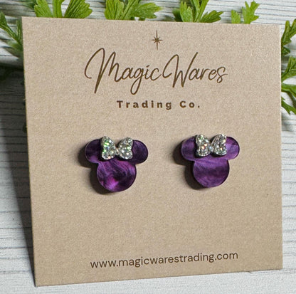 Purple Marble Swirl Mouse Stud Earrings with Iridescent Silver Bow, Clip ons available