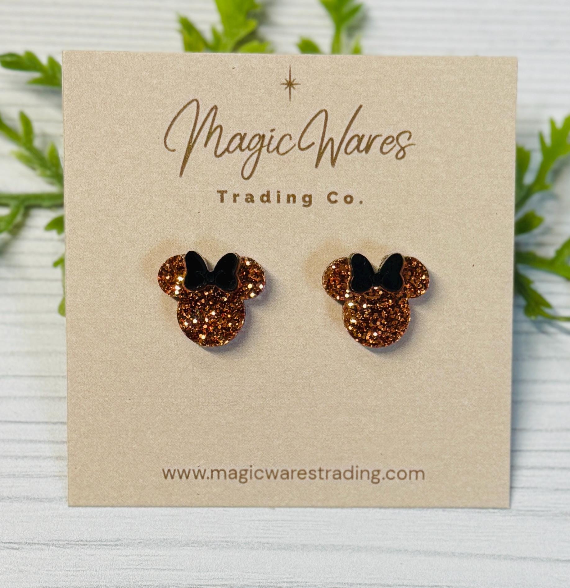 Pumpkin Spice Orange Glitter Mouse Stud Earrings with Black Bow, Clip ons available