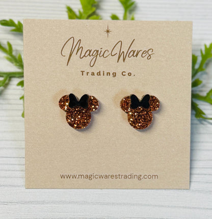 Pumpkin Spice Orange Glitter Mouse Stud Earrings with Black Bow, Clip ons available
