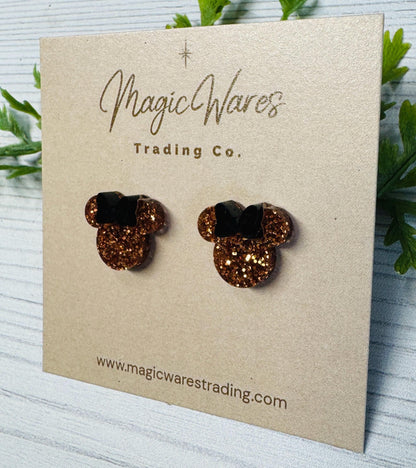Pumpkin Spice Orange Glitter Mouse Stud Earrings with Black Bow, Clip ons available