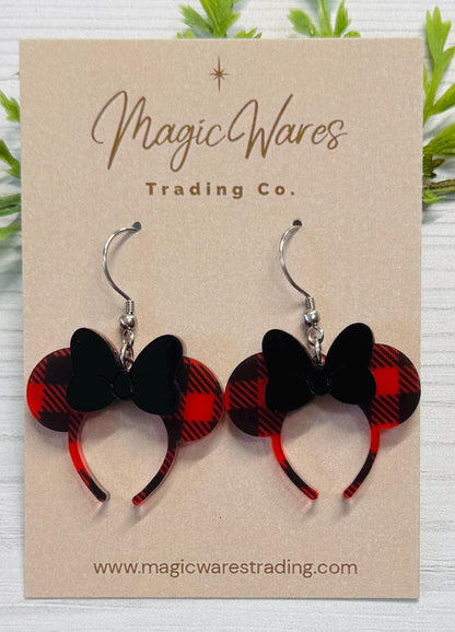 Buffalo Plaid Headband Ears Dangle Earrings, Black Acrylic Bow