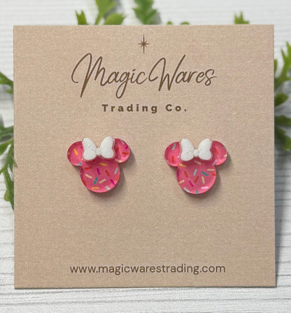Pink Sprinkles Mouse head Stud Earrings with Pink Glitter Bow, Mouse Head Glitter Bow Studs, Clip ons available