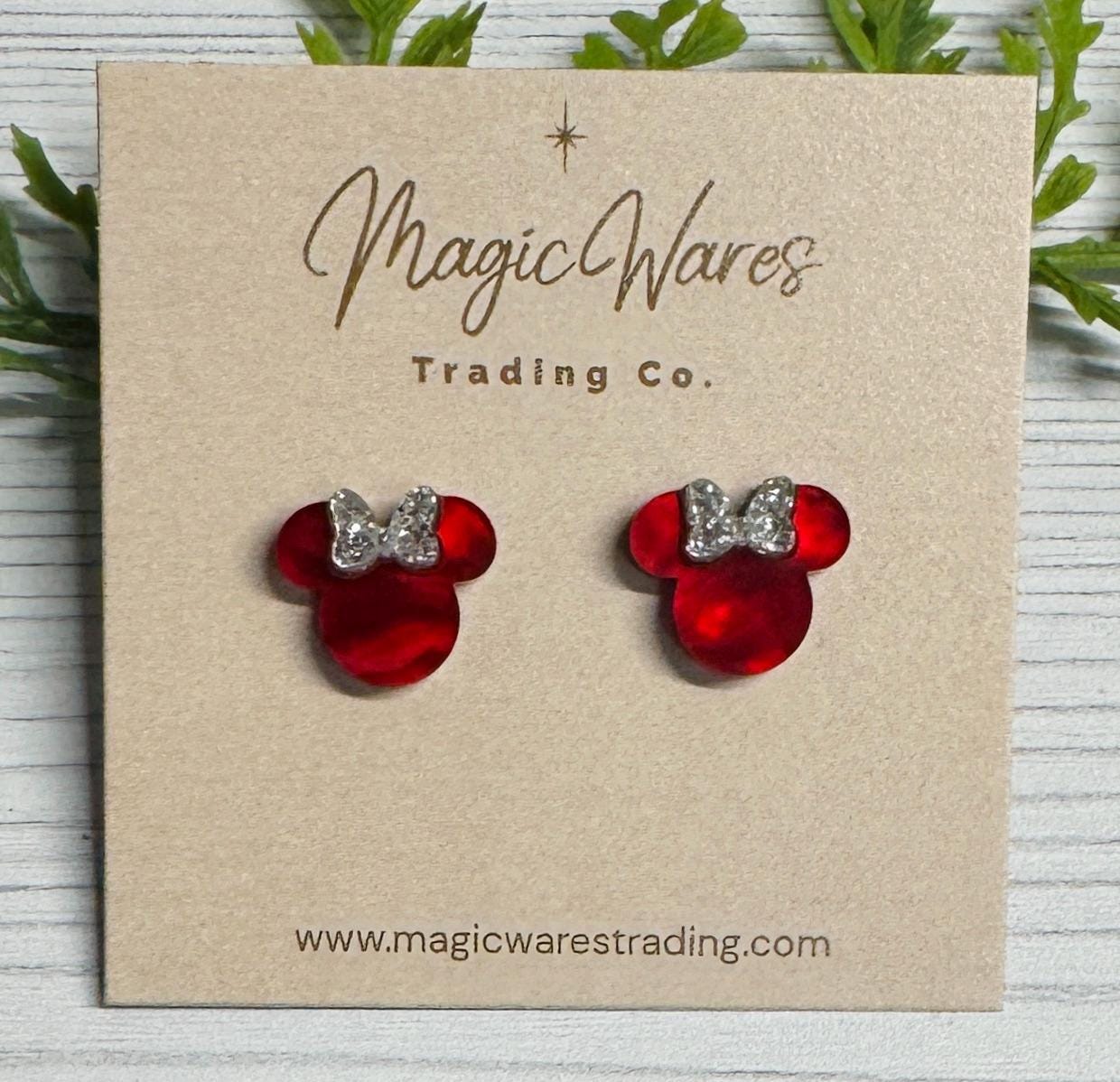 Red Marble Swirl Stud Earrings with Silver Glitter Bow, Clip ons available