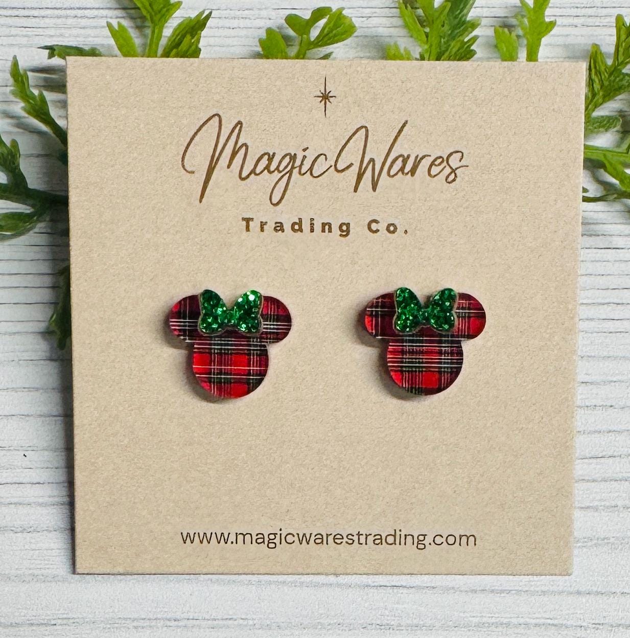 Red Tartan Plaid Stud Earrings with Green Glitter Bow, Clip ons available