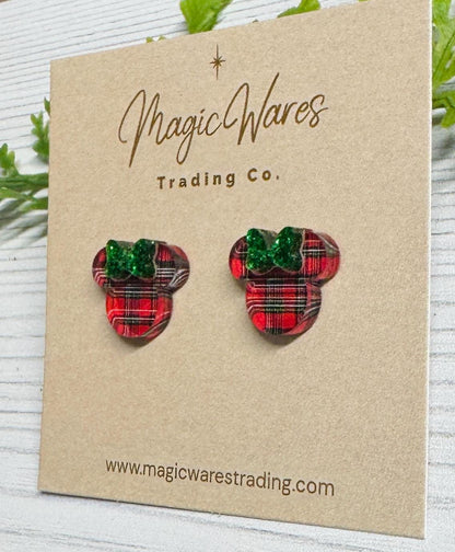 Red Tartan Plaid Stud Earrings with Green Glitter Bow, Clip ons available