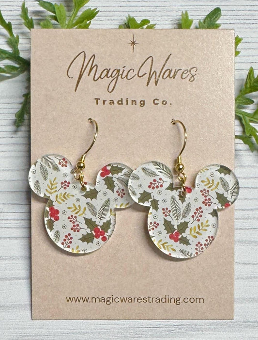Evergreen and Holly Berries Mouse Laser Cut Earrings