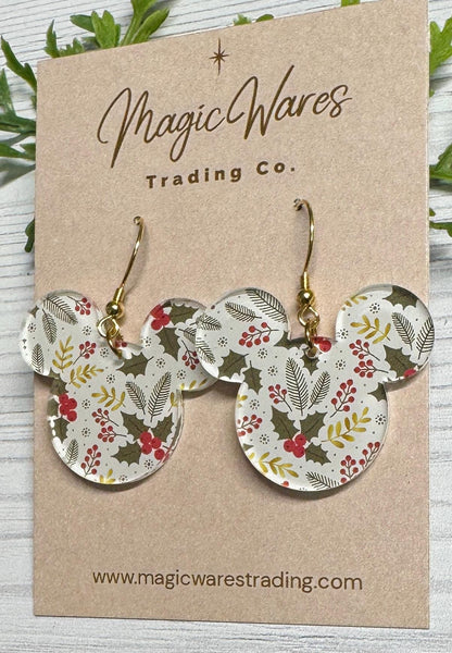 Evergreen and Holly Berries Mouse Laser Cut Earrings