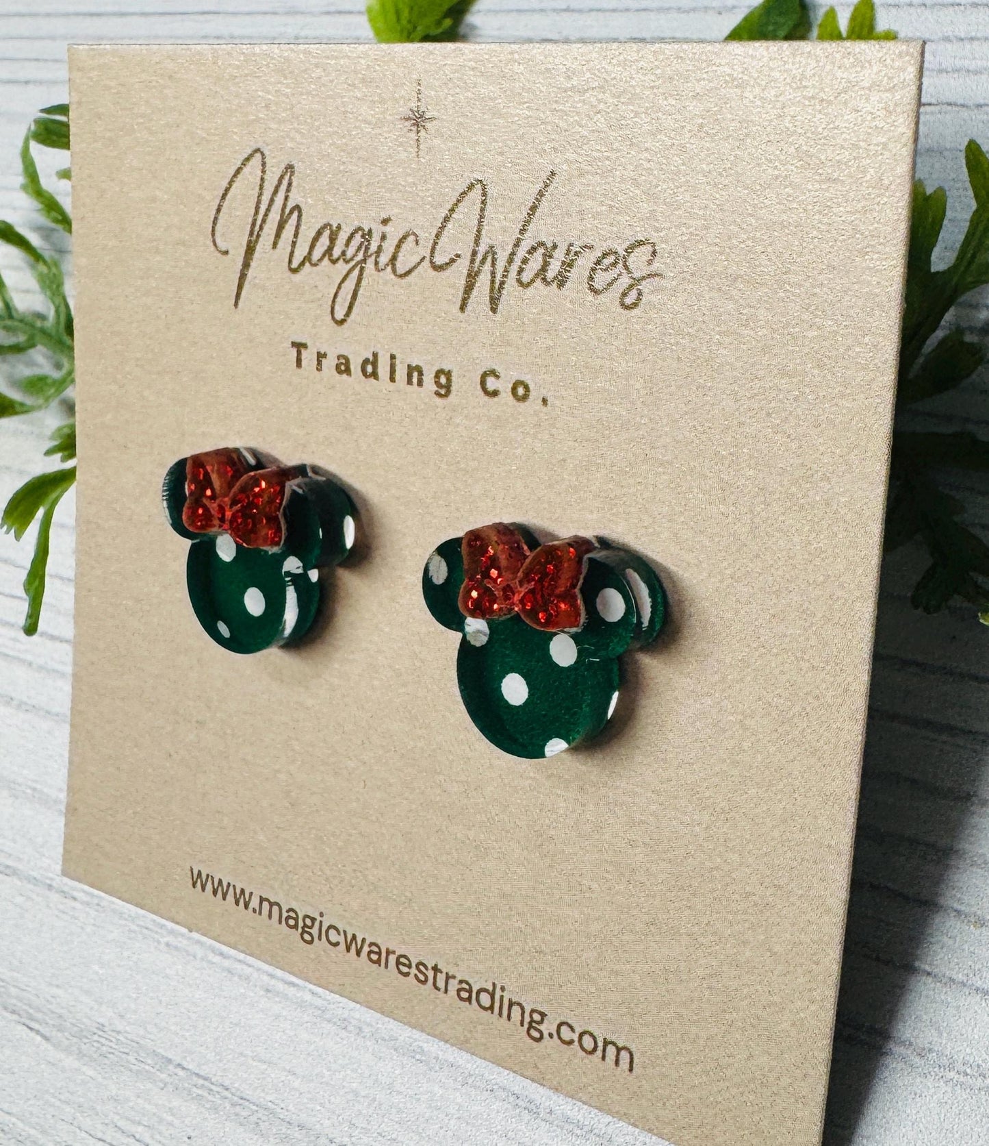 Green and White Polka Dot Mouse Head Stud Earrings: Red Glitter Bow, Clip-ons available