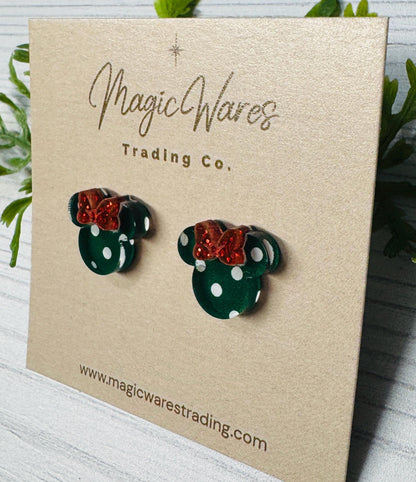 Green and White Polka Dot Mouse Head Stud Earrings: Red Glitter Bow, Clip-ons available