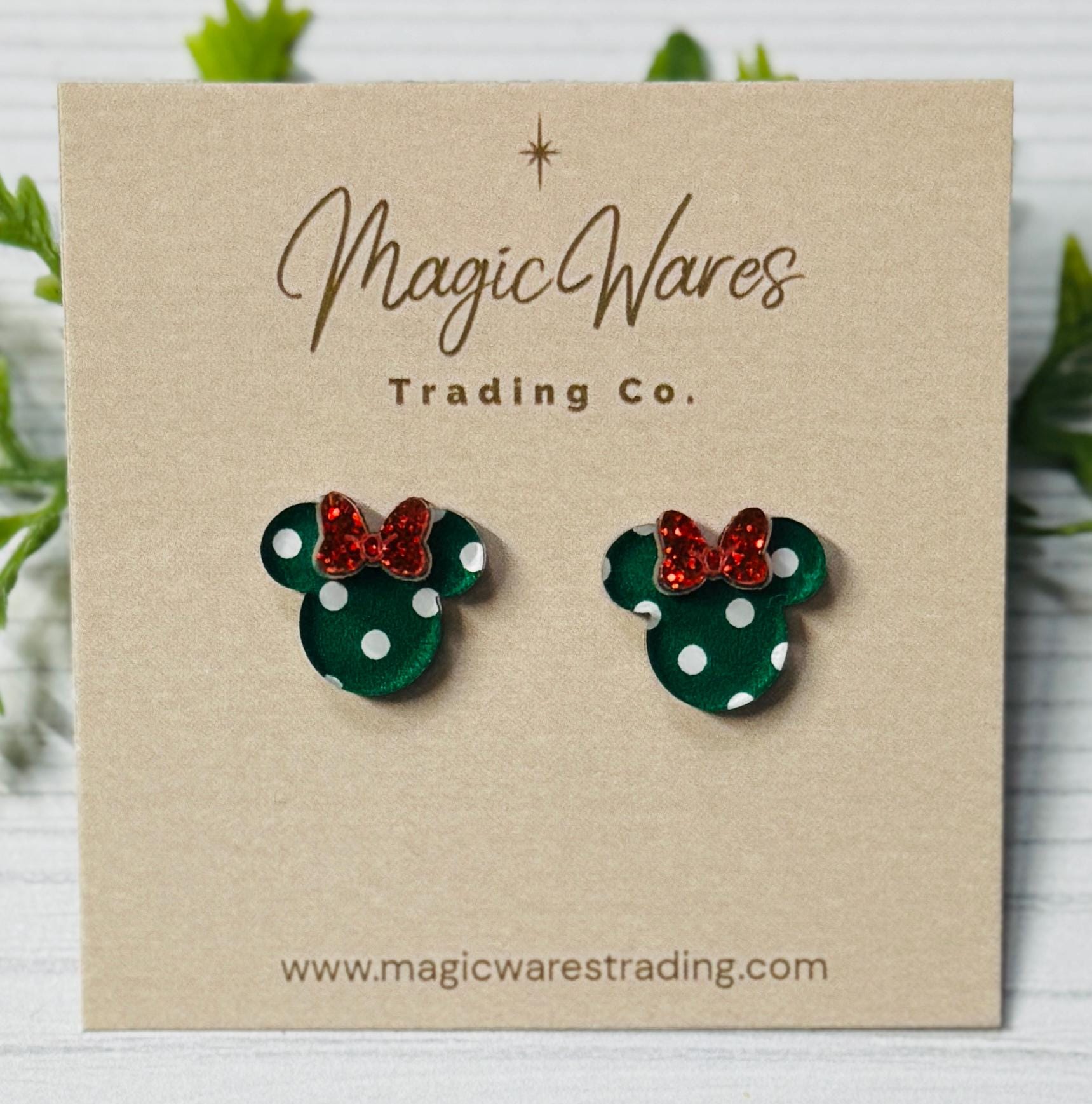 Green and White Polka Dot Mouse Head Stud Earrings: Red Glitter Bow, Clip-ons available