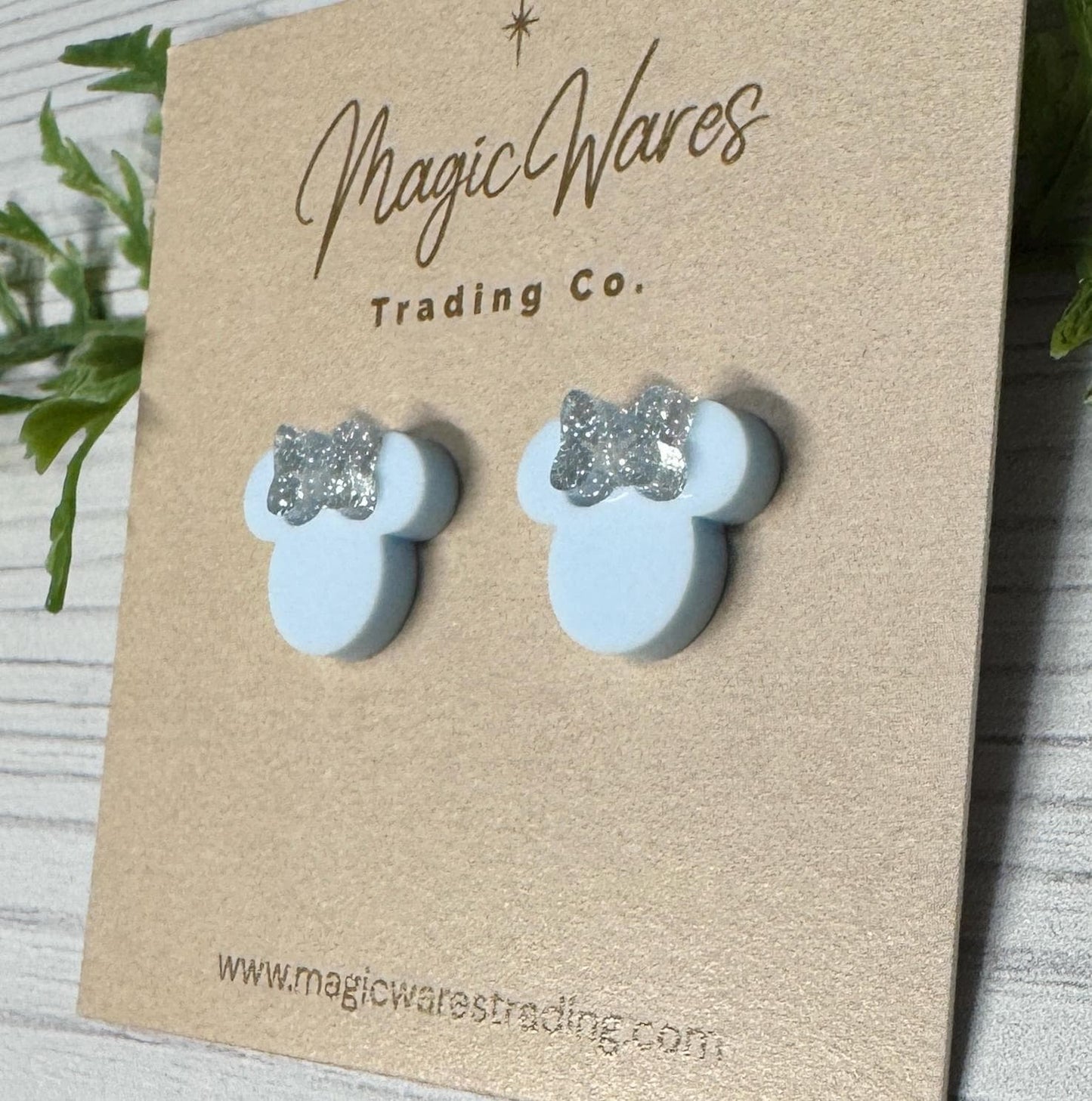 Cinderella Blue Mouse Stud Earrings, Diamond Silver Glitter Bow, Clip-ons available