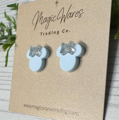 Cinderella Blue Mouse Stud Earrings, Diamond Silver Glitter Bow, Clip-ons available