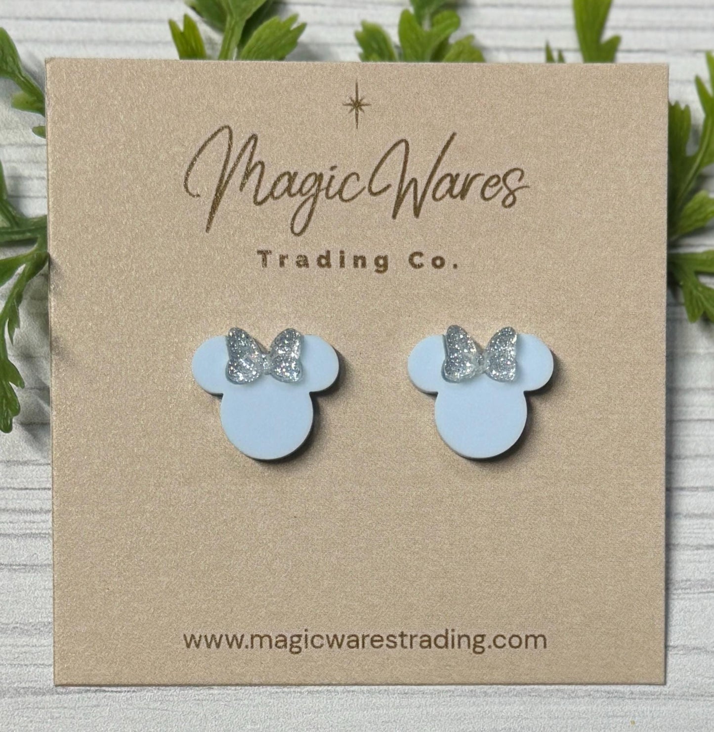 Cinderella Blue Mouse Stud Earrings, Diamond Silver Glitter Bow, Clip-ons available