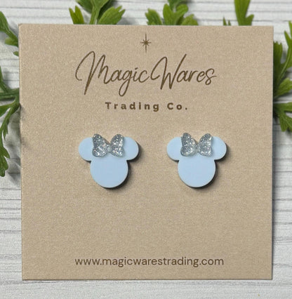 Cinderella Blue Mouse Stud Earrings, Diamond Silver Glitter Bow, Clip-ons available