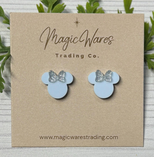 Cinderella Blue Mouse Stud Earrings, Diamond Silver Glitter Bow, Clip-ons available