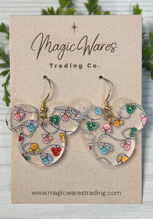 Mouse Lights Dangle Earrings, Holiday Laser Cut Acrylic, Clip-ons available