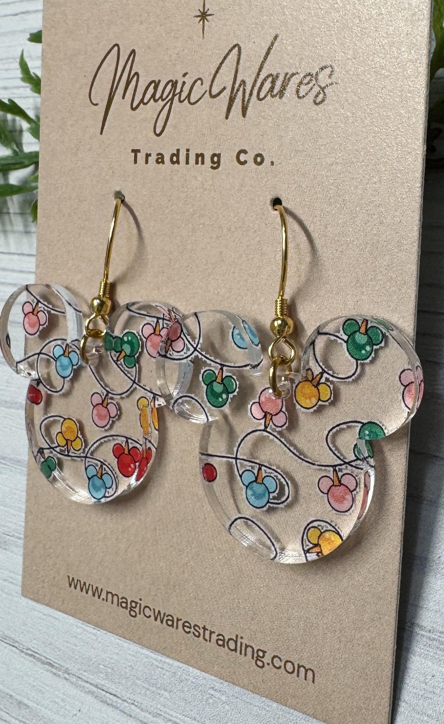 Mouse Lights Dangle Earrings, Holiday Laser Cut Acrylic, Clip-ons available
