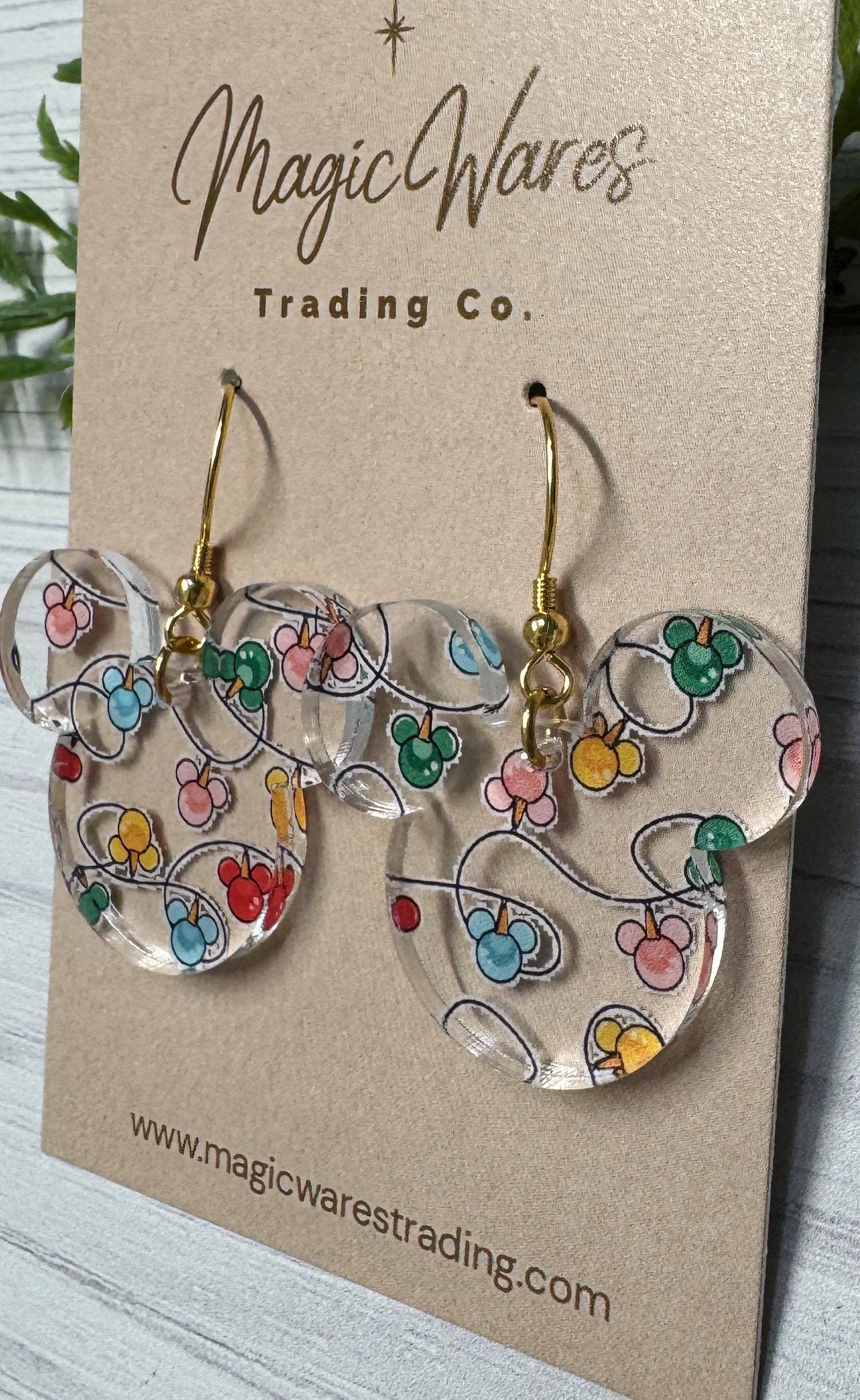 Mouse Lights Dangle Earrings, Holiday Laser Cut Acrylic, Clip-ons available