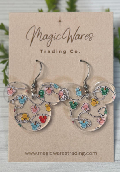 Mouse Lights Dangle Earrings, Holiday Laser Cut Acrylic, Clip-ons available