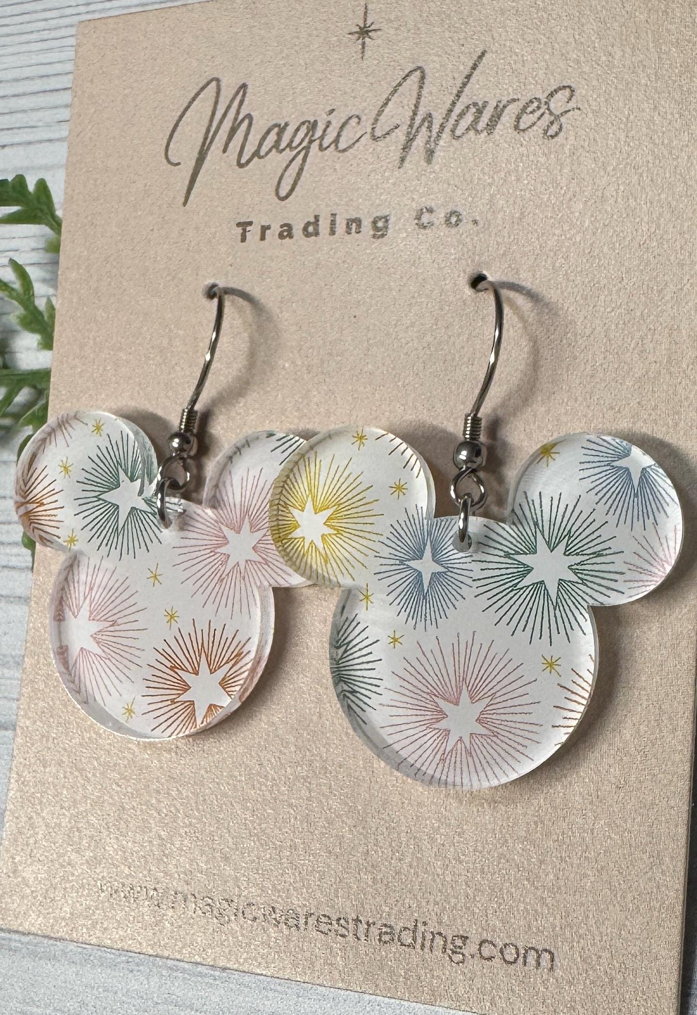 Holiday Pastel Stars Mouse Dangle Earrings, Laser cut acrylic, Clip-ons available