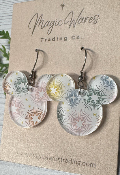Holiday Pastel Stars Mouse Dangle Earrings, Laser cut acrylic, Clip-ons available