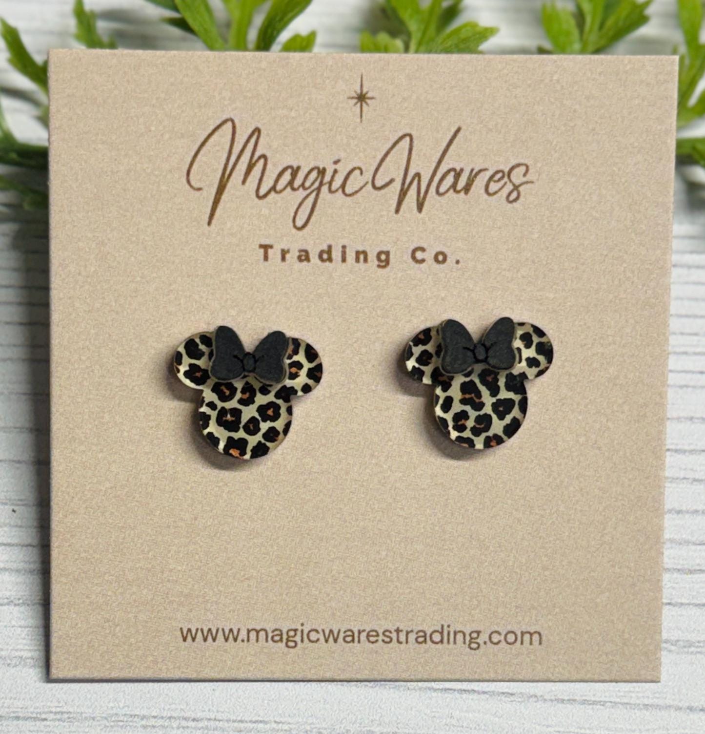 Leopard Mouse Stud Earrings with Black Bow, Clip ons available