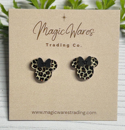 Leopard Mouse Stud Earrings with Black Bow, Clip ons available