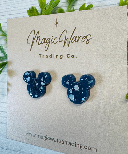 Navy Ice Glitter Mouse Stud Earrings: Laser Cut Acrylic, Clip-ons available