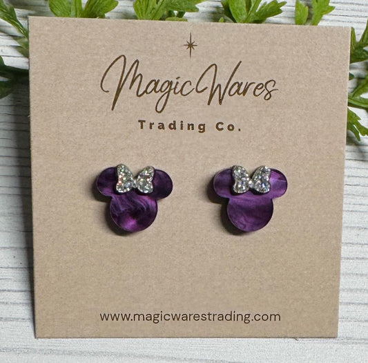 Purple Marble Swirl Mouse Stud Earrings with Iridescent Silver Bow, Clip ons available