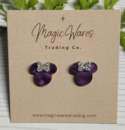 Purple Marble Swirl Mouse Stud Earrings with Iridescent Silver Bow, Clip ons available