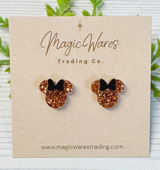 Pumpkin Spice Orange Glitter Mouse Stud Earrings with Black Bow, Clip ons available