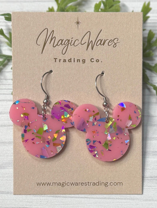 Pink Princess Flake Glitter Dangle Earrings, Laser cut Acrylic Earrings