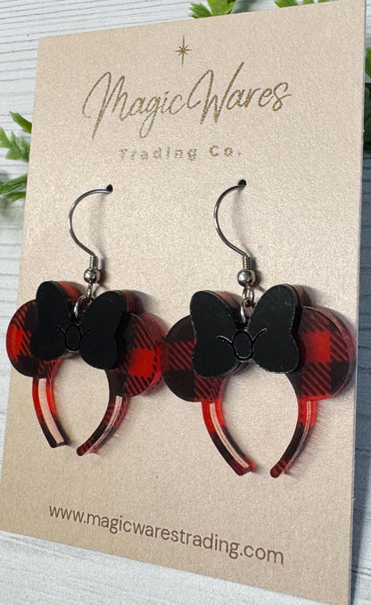 Buffalo Plaid Headband Ears Dangle Earrings, Black Acrylic Bow